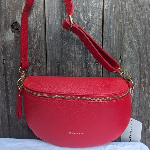 Italian Leather Fanny Pack with 2 Straps | Red Crossbody Waist Bag Real Leather - Picture 3 of 11